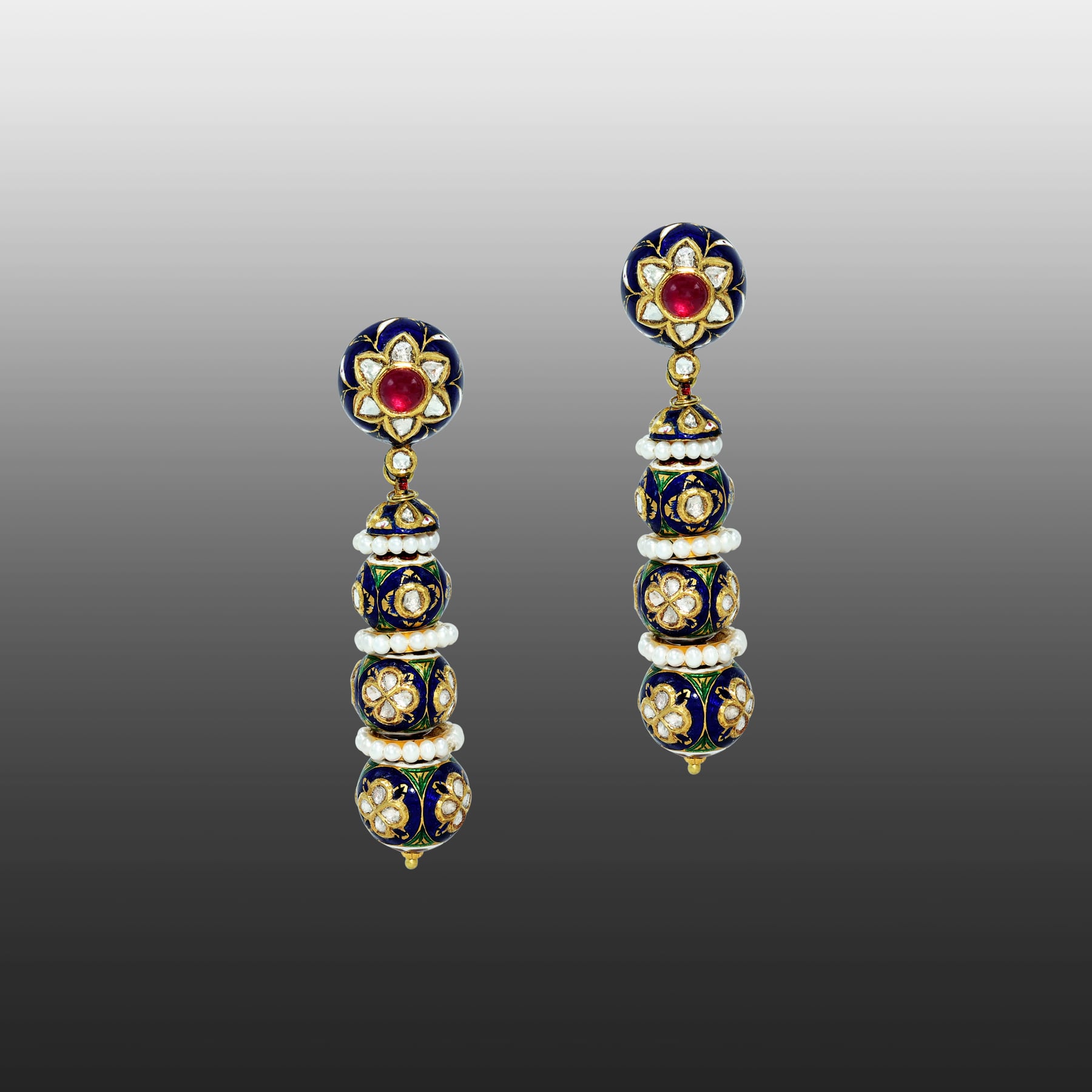 Floral Ruby Stud Earrings with Blue Meenakari and Polki Beads
